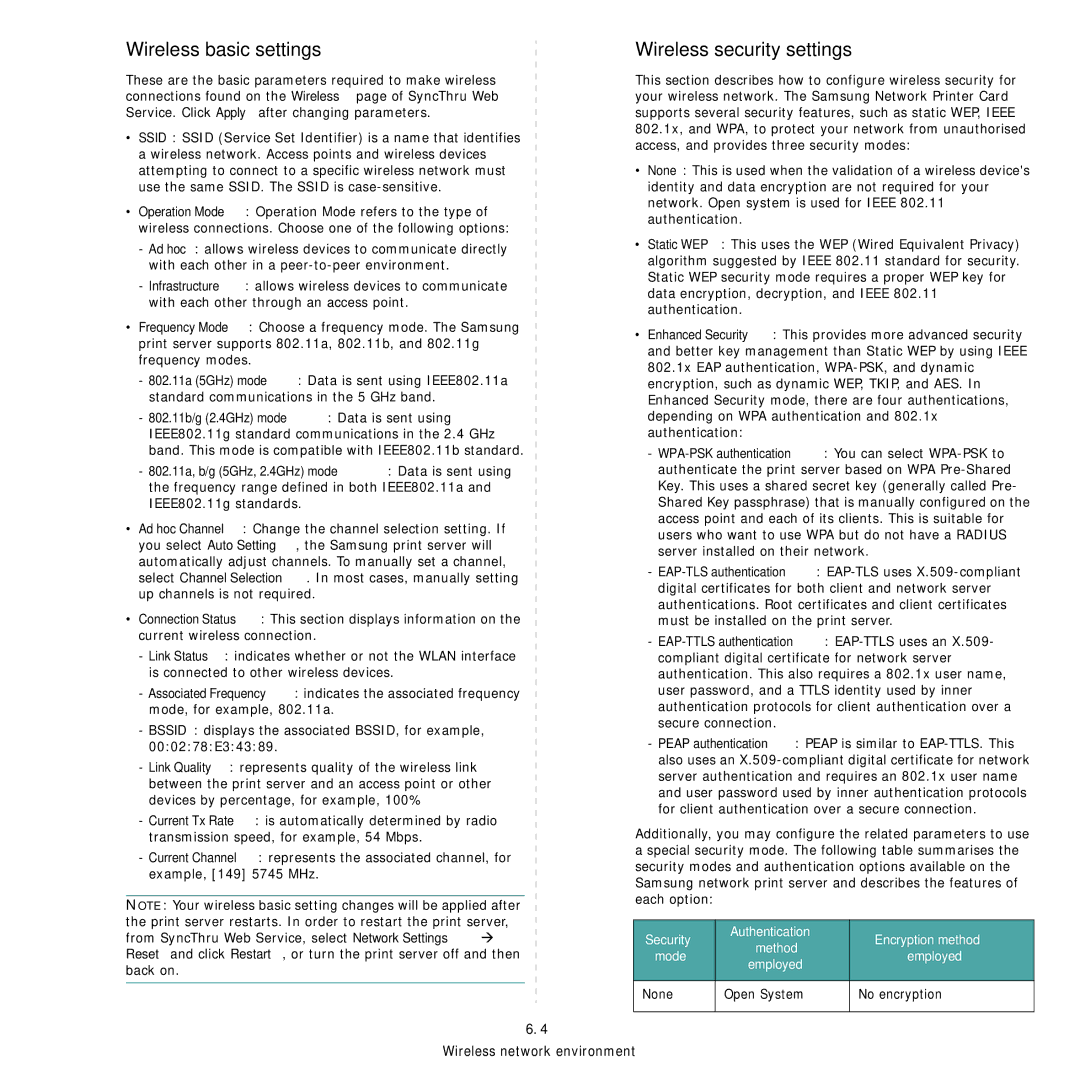Samsung Network Printer manual Wireless basic settings Wireless security settings, None Open System No encryption 