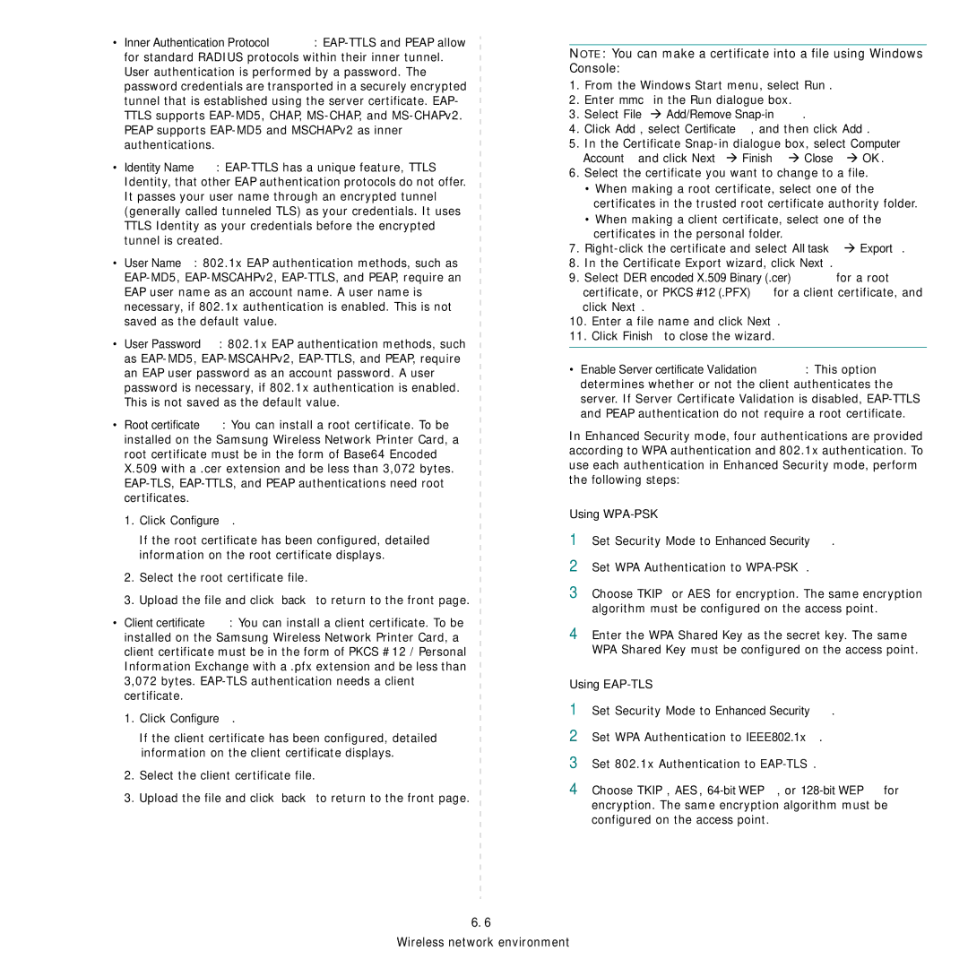 Samsung Network Printer manual Click Configure, Select File Æ Add/Remove Snap-in, Using WPA-PSK, Using EAP-TLS 