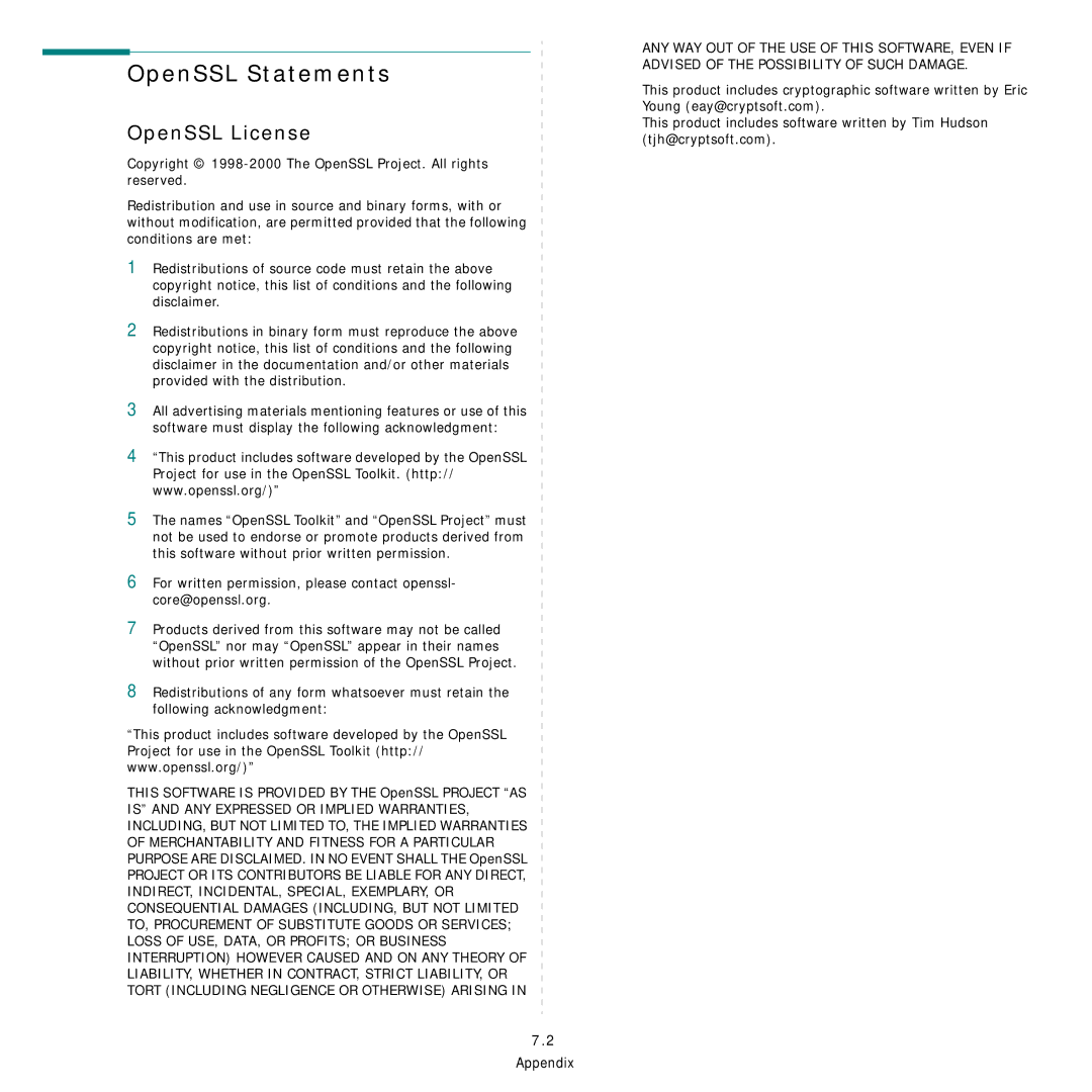 Samsung Network Printer manual OpenSSL Statements, OpenSSL License, Disclaimer 