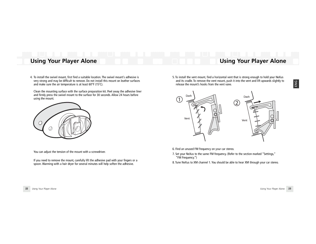 Samsung NeXus 25 manual Using Your Player Alone 