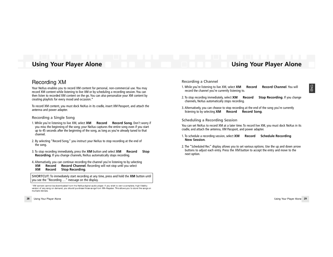 Samsung NeXus 25 manual Recording XM, Recording a Single Song, Recording a Channel, Scheduling a Recording Session 