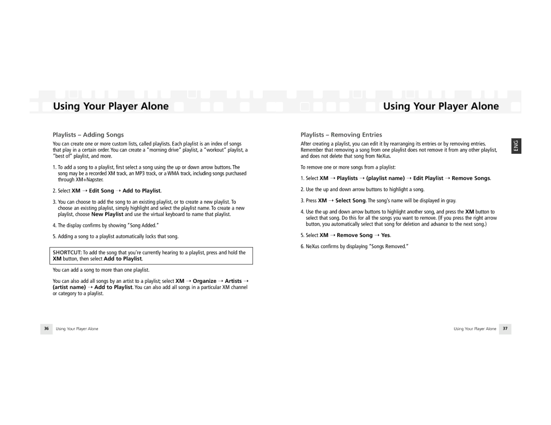 Samsung NeXus 25 manual Playlists Adding Songs, Playlists Removing Entries, Select XM Edit Song Add to Playlist 