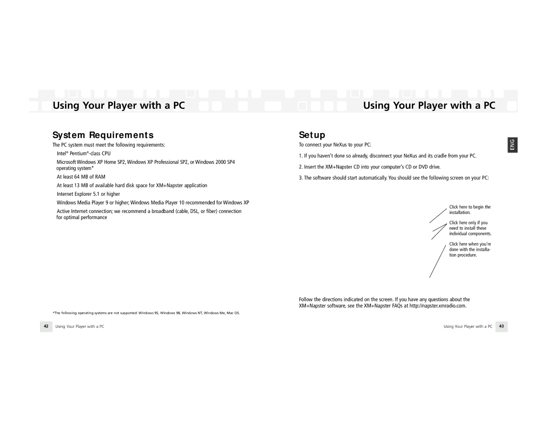 Samsung NeXus 25 manual Using Your Player with a PC, System Requirements, Setup 