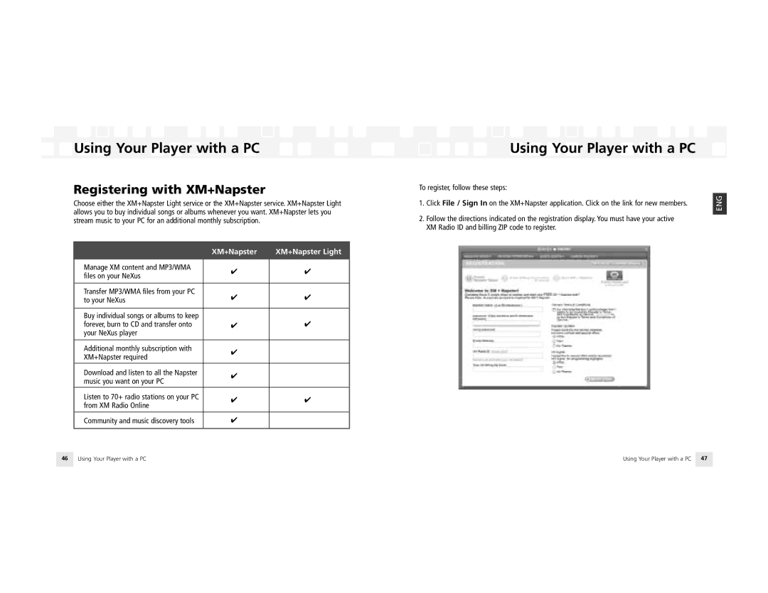 Samsung NeXus 25 manual Registering with XM+Napster, XM+Napster XM+Napster Light 