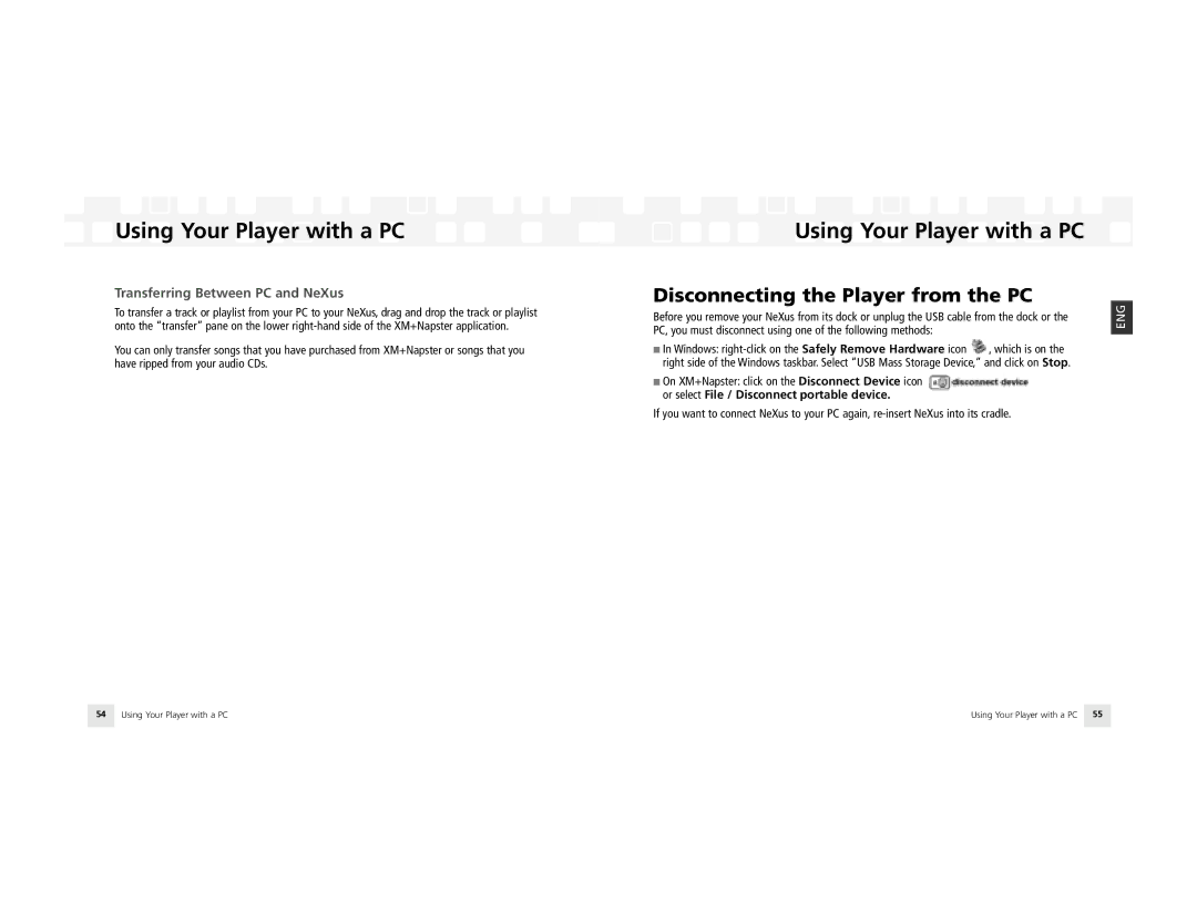 Samsung NeXus 25 manual Disconnecting the Player from the PC, Transferring Between PC and NeXus 