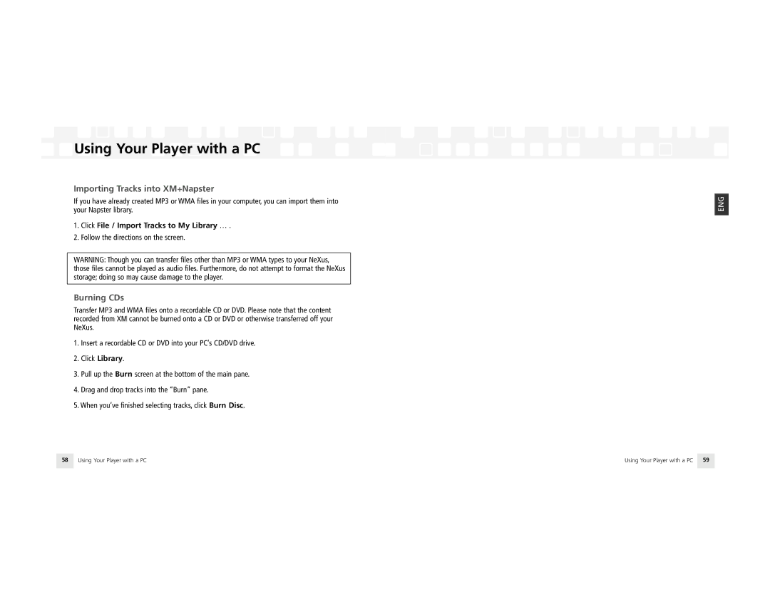 Samsung NeXus 25 manual Importing Tracks into XM+Napster, Burning CDs, Click File / Import Tracks to My Library … 