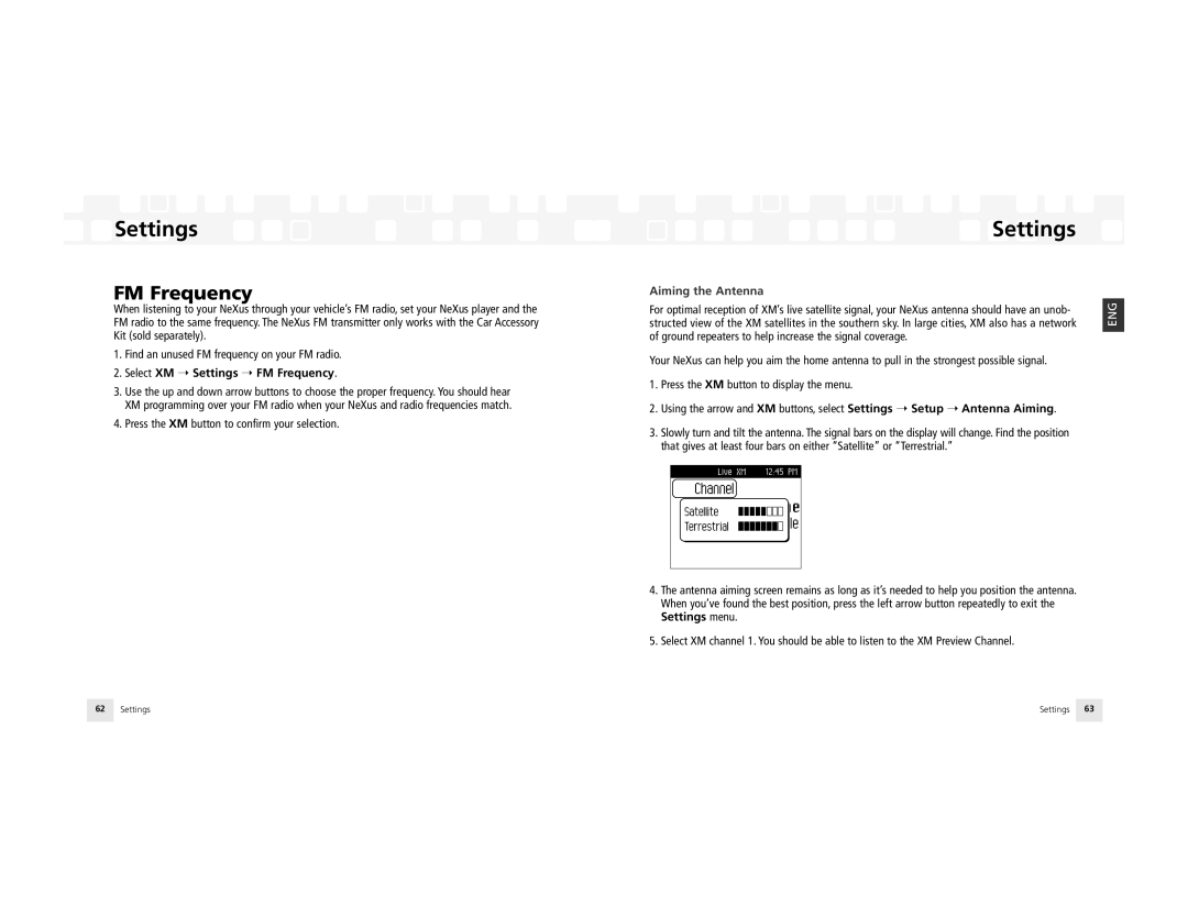 Samsung NeXus 25 manual Select XM Settings FM Frequency 