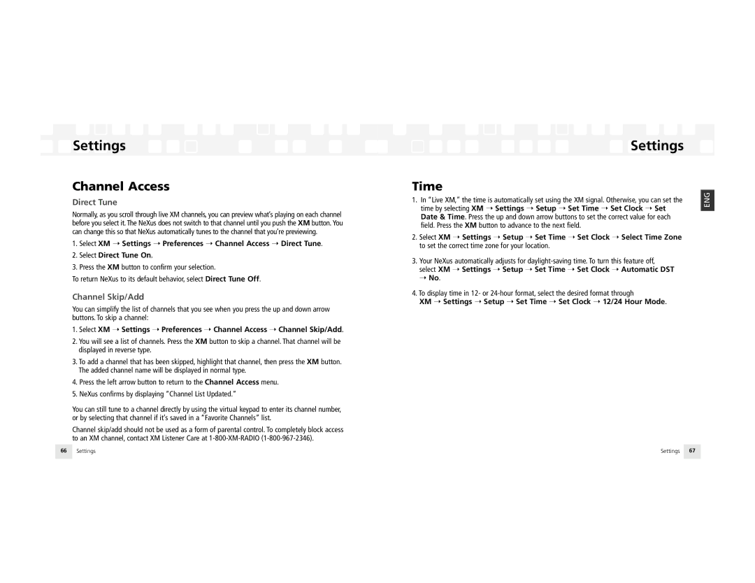 Samsung NeXus 25 Channel Access, Direct Tune, Channel Skip/Add, XM Settings Setup Set Time Set Clock 12/24 Hour Mode 