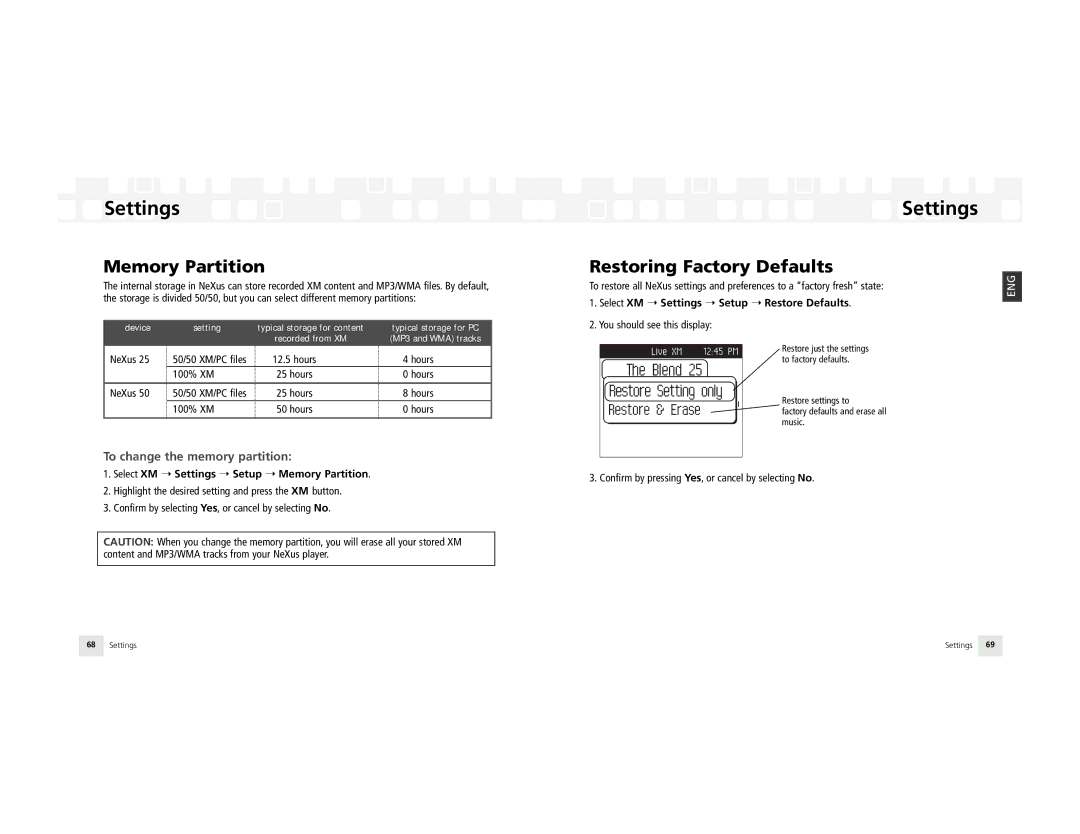 Samsung NeXus 25 manual Memory Partition, Restoring Factory Defaults, To change the memory partition 