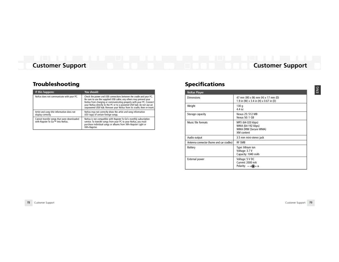 Samsung NeXus 25 manual Specifications, NeXus Player 