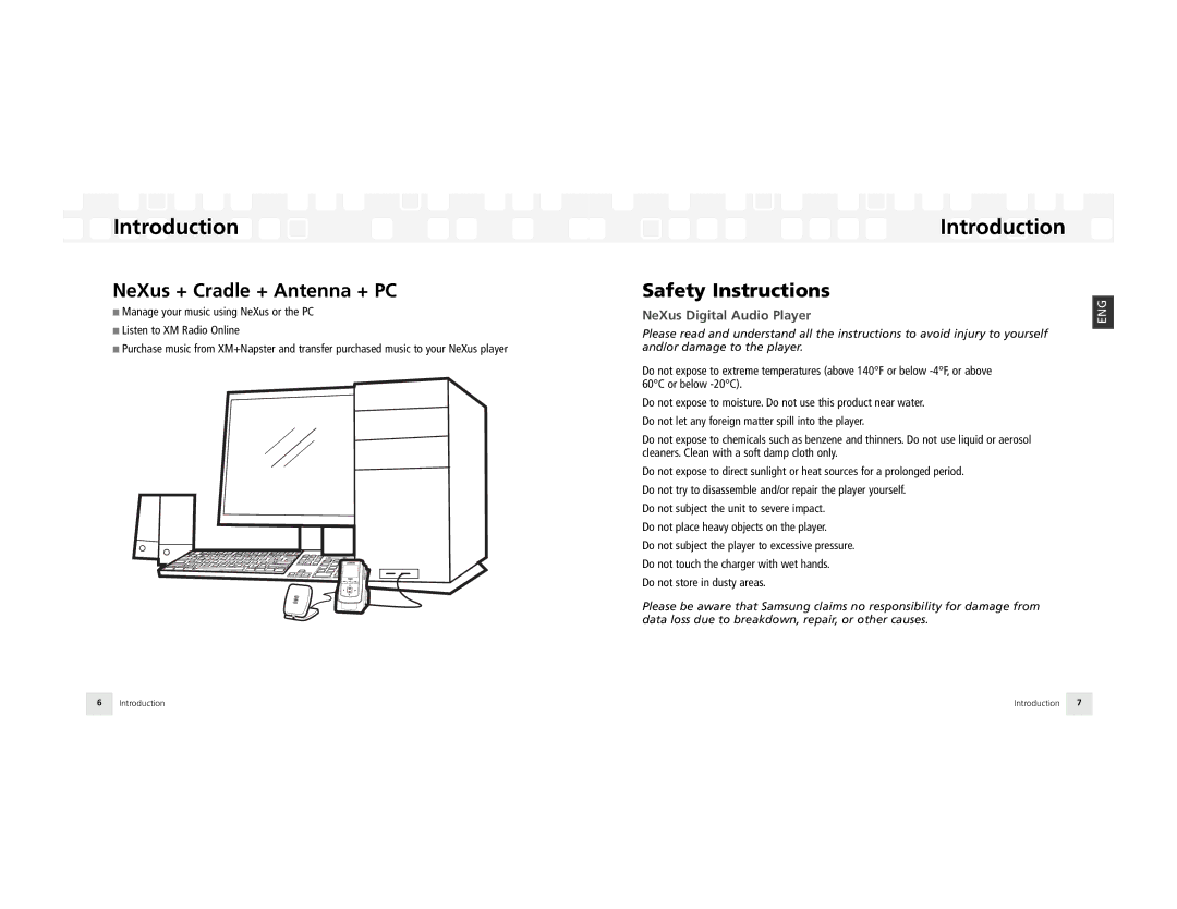 Samsung NeXus 25 manual NeXus + Cradle + Antenna + PC, Safety Instructions, NeXus Digital Audio Player 