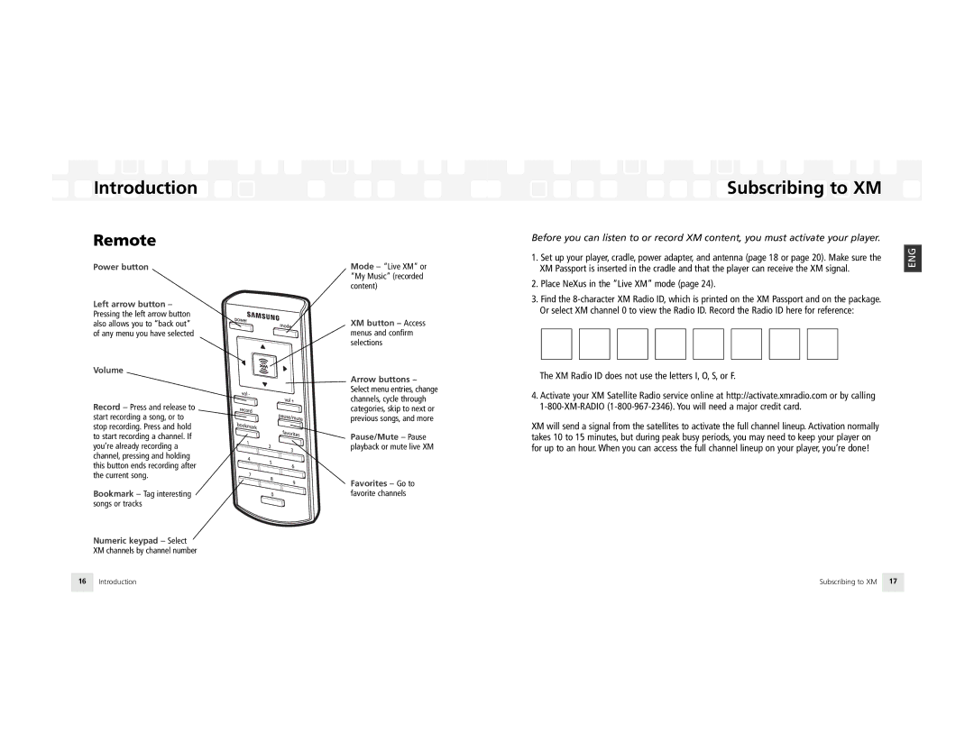 Samsung NeXus 25 manual Subscribing to XM, Remote 