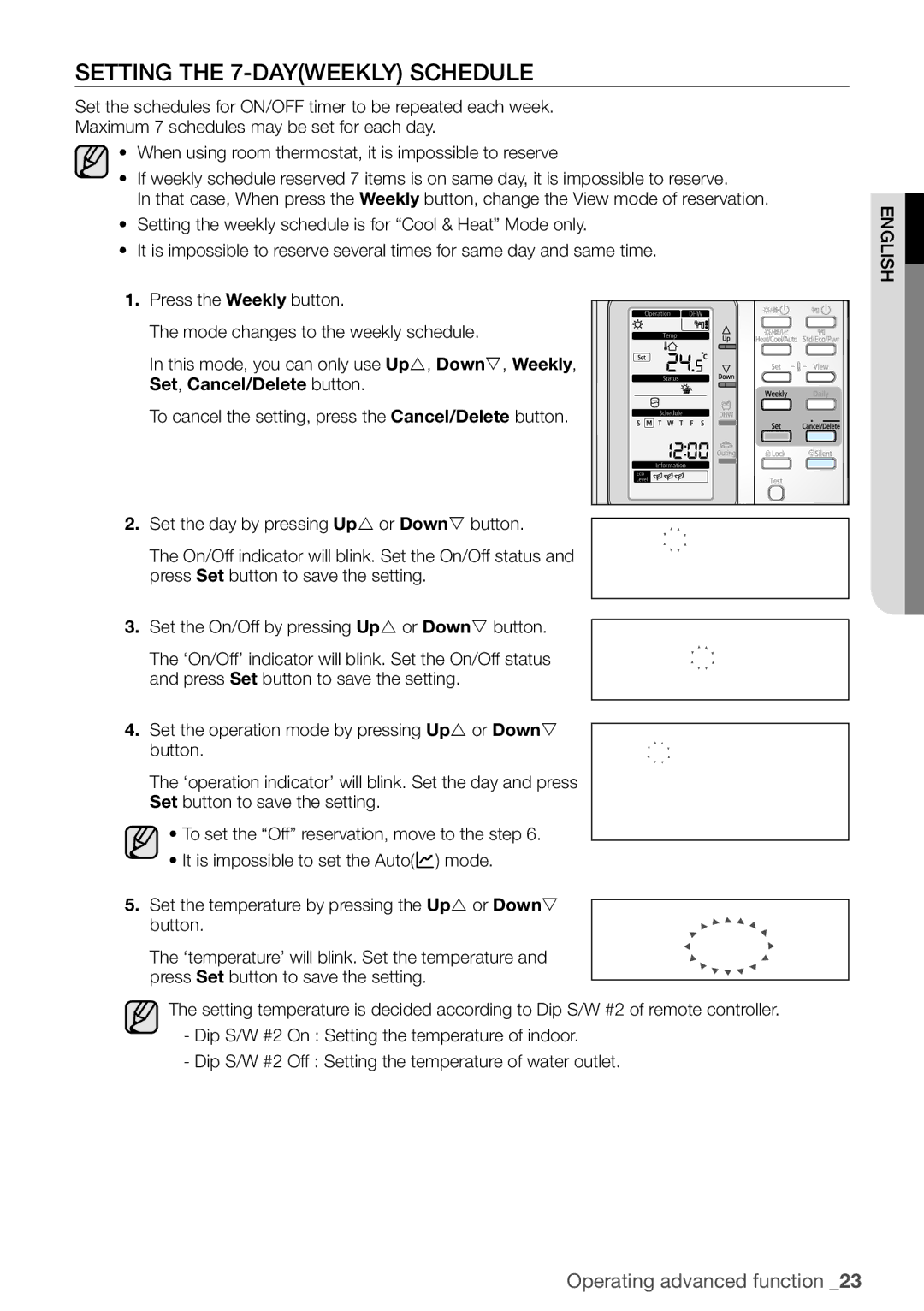 Samsung NH300WHXES, NH200WHXES, NH160PHXEA, NH080PHXEA user manual Setting the 7-DAYWEEKLY Schedule, Set, Cancel/Delete button 