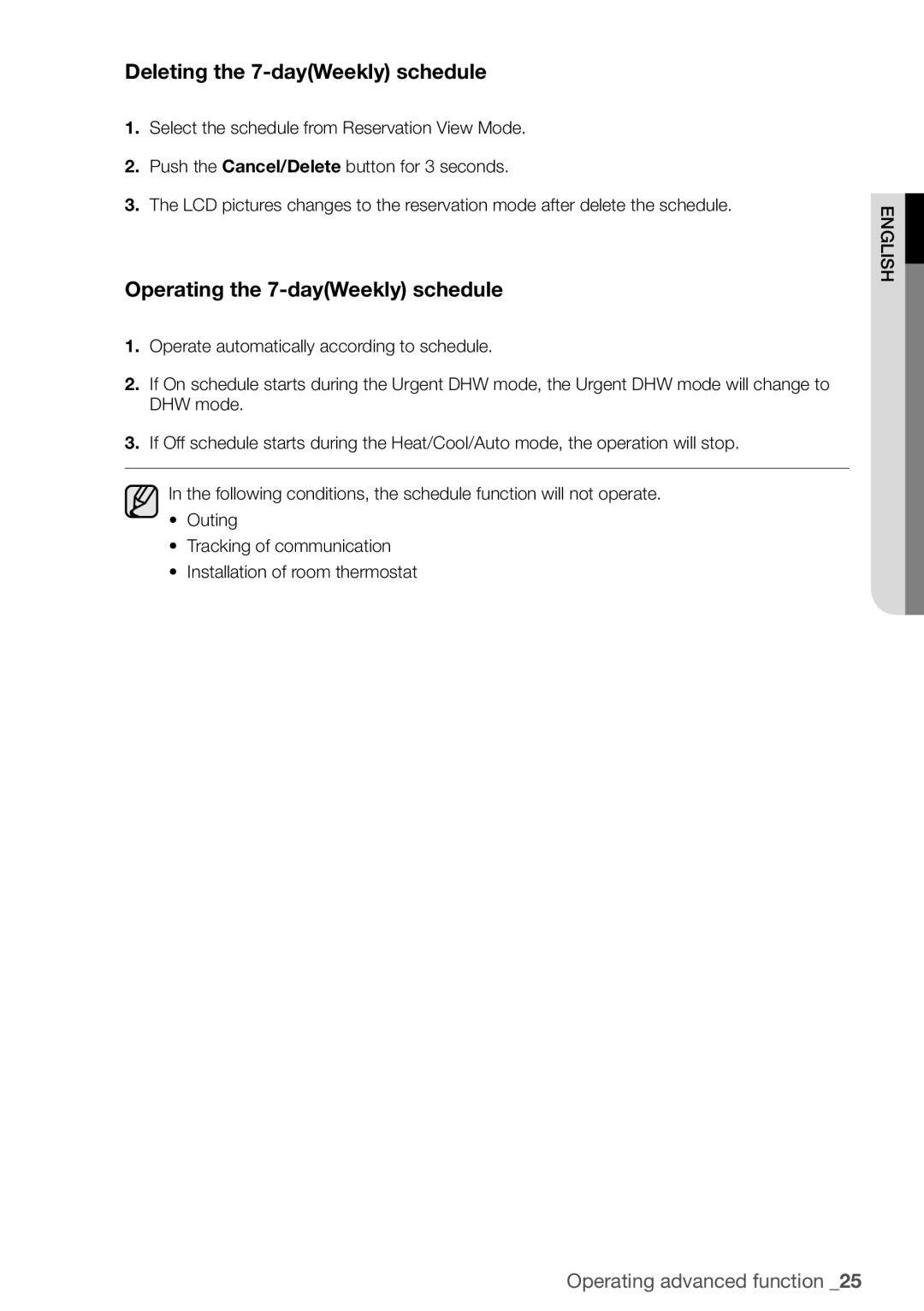 Samsung NH160PHXEA, NH200WHXES, NH080PHXEA, NH300WHXEA, NH200WHXEA, NH300WHXES user manual Deleting the 7-dayWeekly schedule 