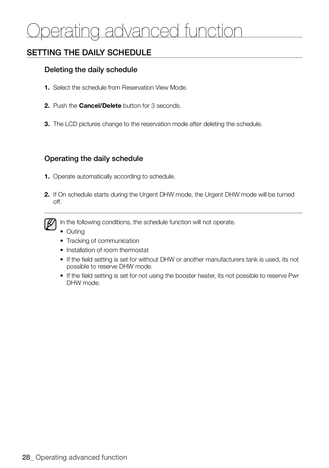 Samsung NH200WHXEA, NH200WHXES, NH160PHXEA, NH080PHXEA, NH300WHXEA Deleting the daily schedule, Operating the daily schedule 