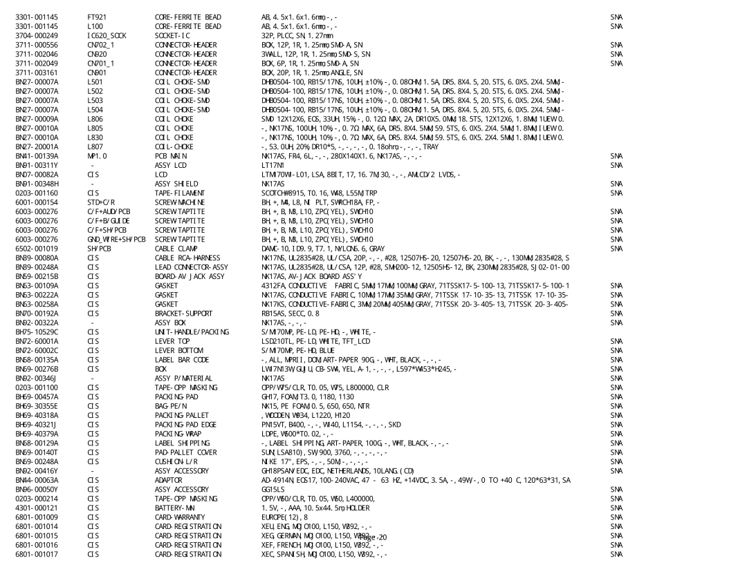 Samsung NK17A specifications CORE-FERRITE Bead 