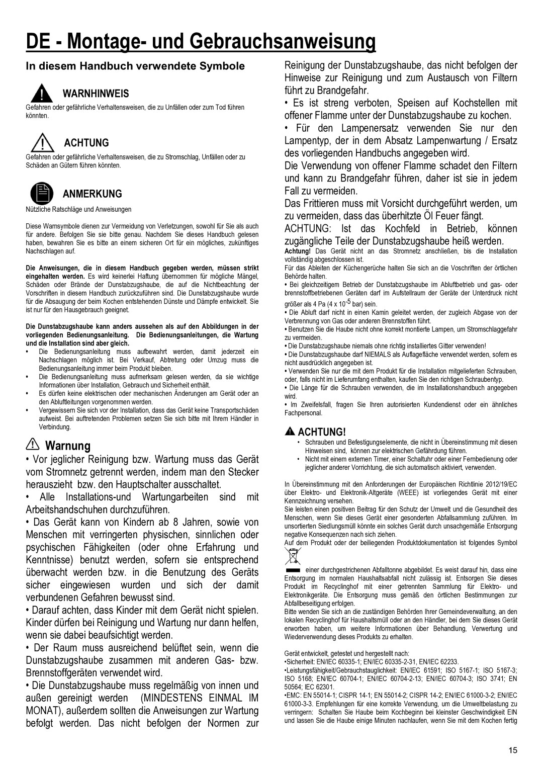 Samsung NK24M1030IS/UR manual DE Montage- und Gebrauchsanweisung, Warnung, Warnhinweis, Achtung, Anmerkung 