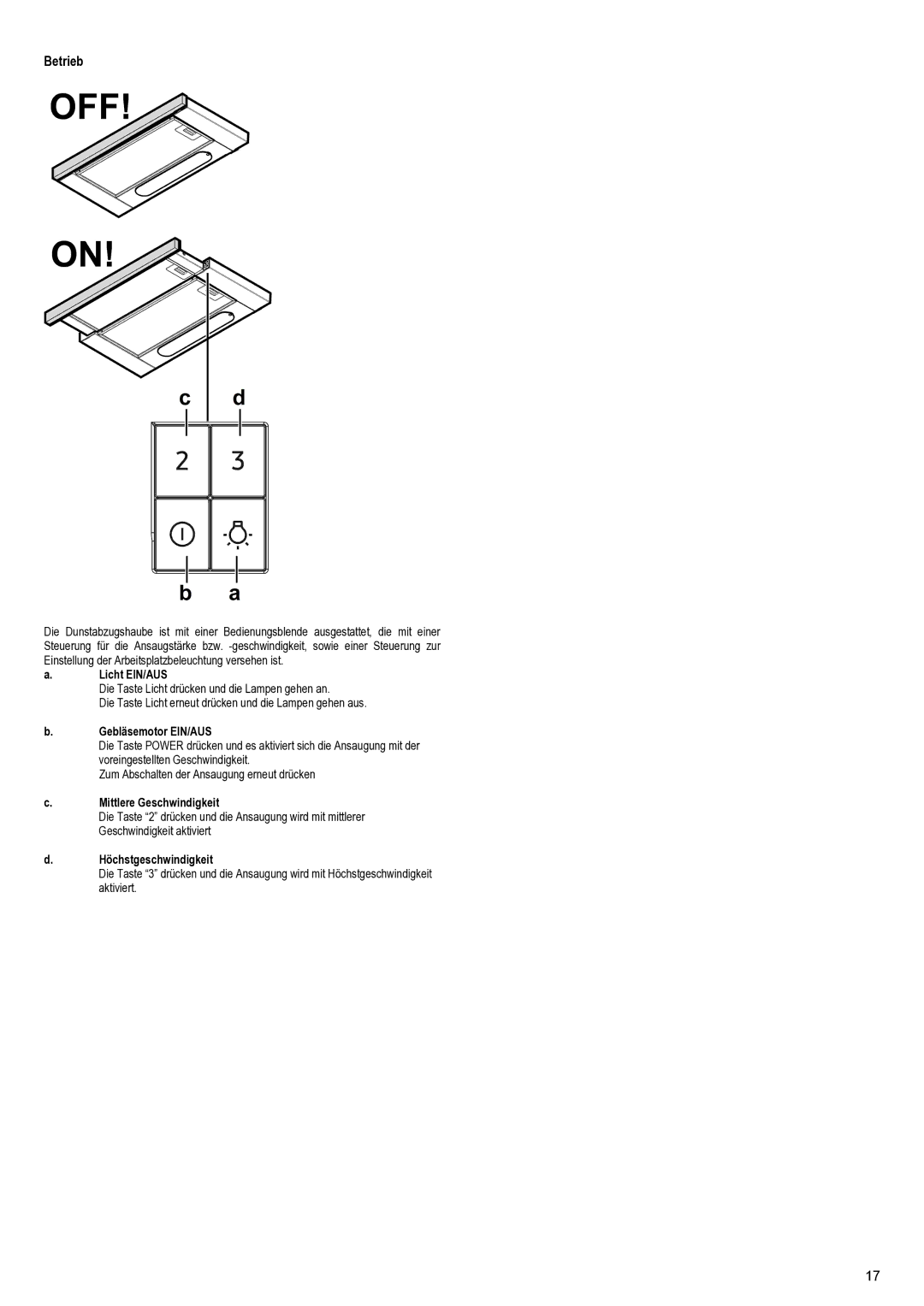 Samsung NK24M1030IS/UR manual Betrieb, Licht EIN/AUS, Gebläsemotor EIN/AUS, Mittlere Geschwindigkeit, Höchstgeschwindigkeit 