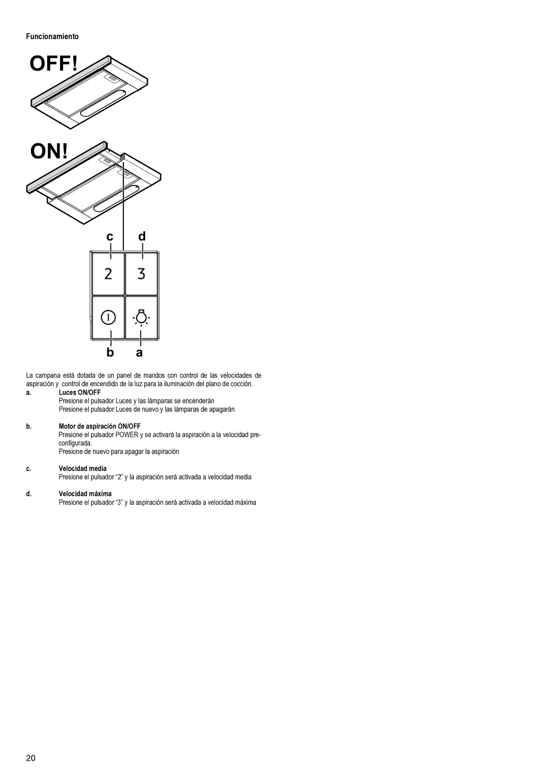 Samsung NK24M1030IS/UR manual Funcionamiento, Luces ON/OFF, Motor de aspiración ON/OFF, Velocidad media, Velocidad máxima 