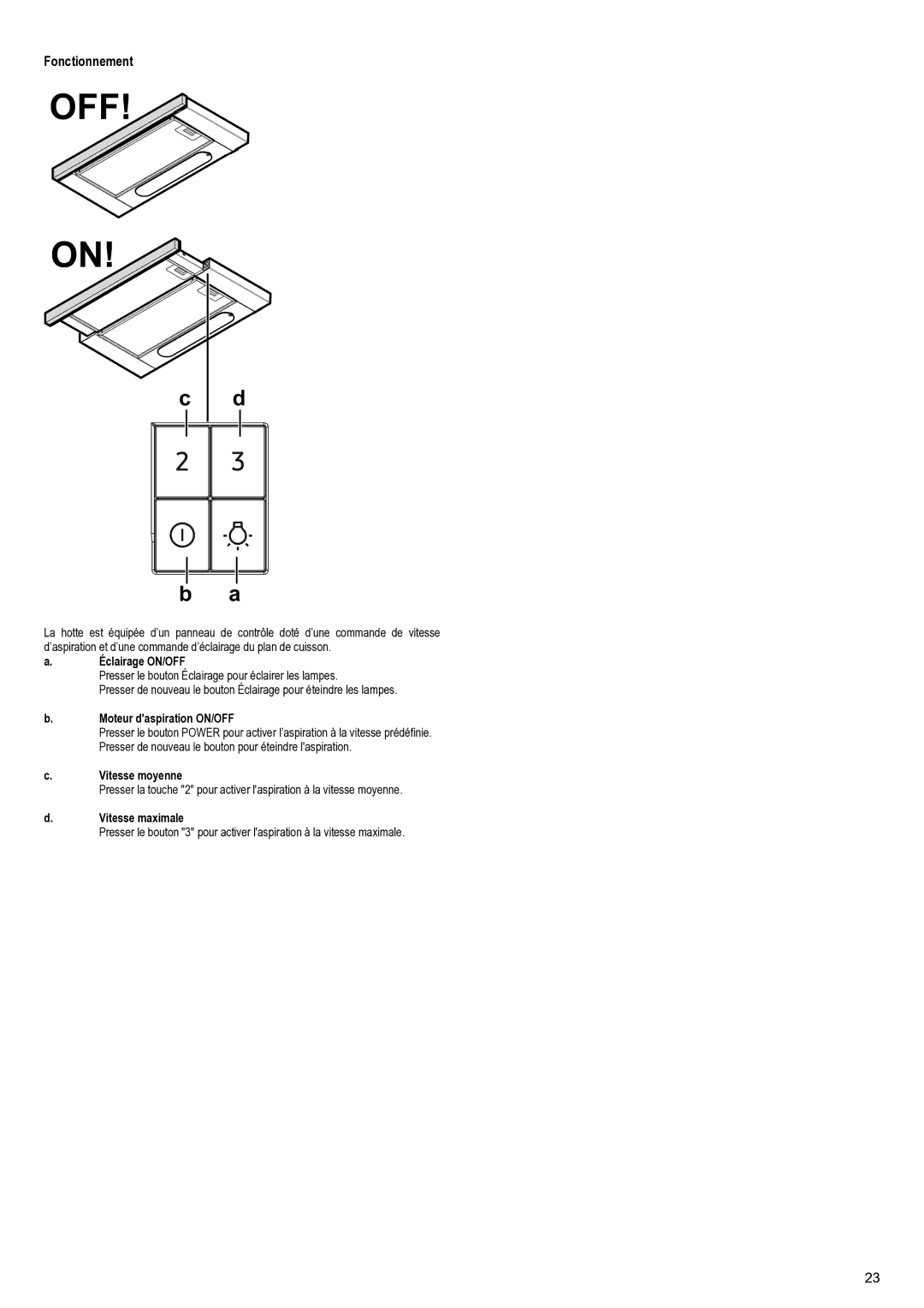 Samsung NK24M1030IS/UR Fonctionnement, Éclairage ON/OFF, Moteur daspiration ON/OFF, Vitesse moyenne, Vitesse maximale 