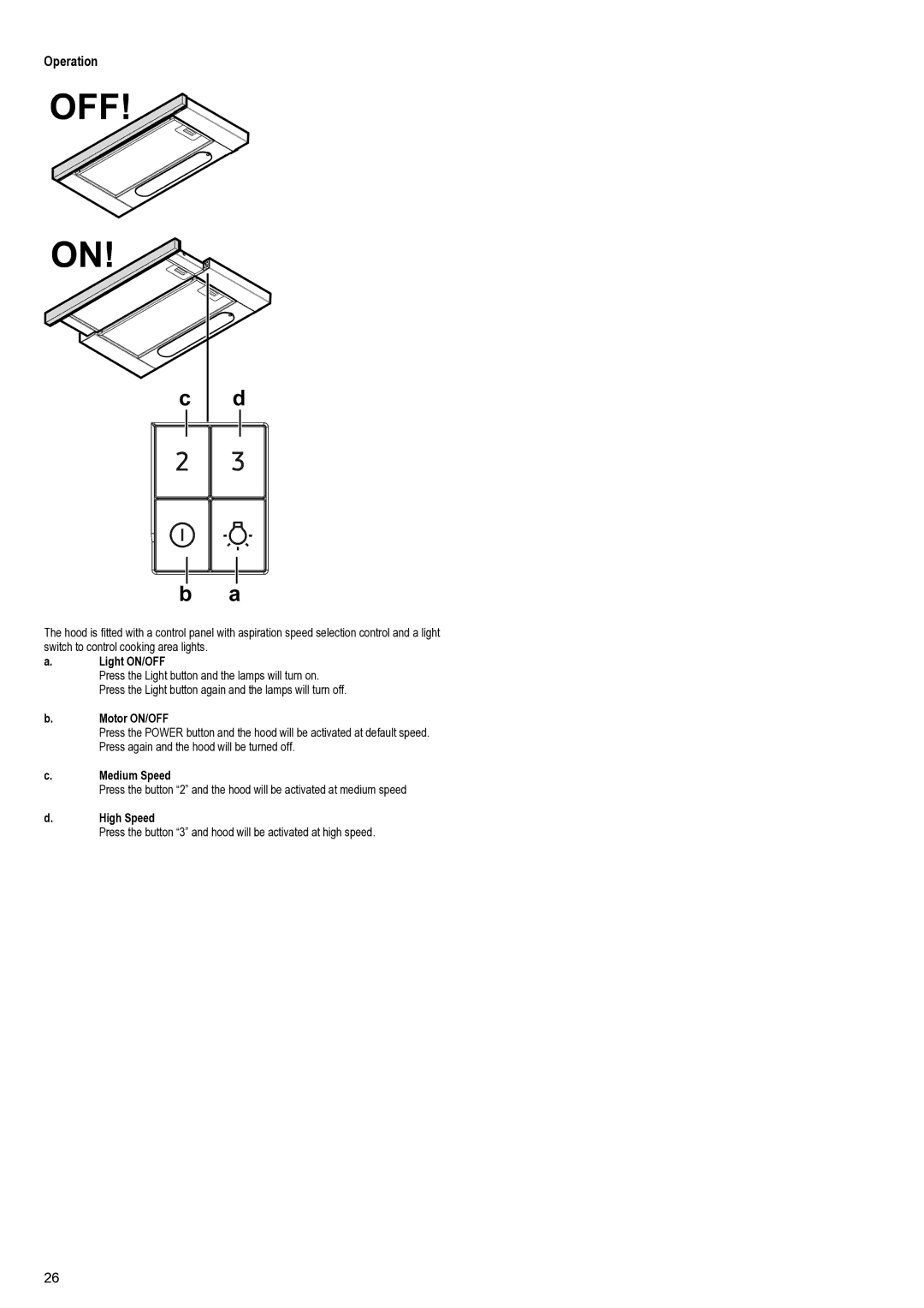 Samsung NK24M1030IS/UR manual Operation, Light ON/OFF, Motor ON/OFF, Medium Speed, High Speed 