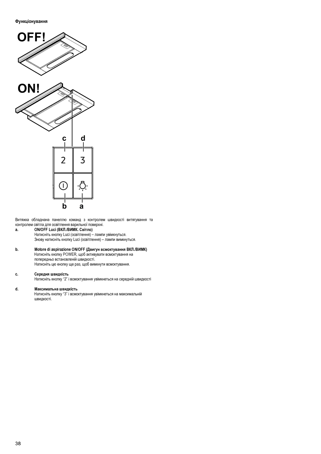 Samsung NK24M1030IS/UR manual Функціонування, ON/OFF Luci ВКЛ./ВИМК. Світло, Середня швидкість, Максимальна швидкість 