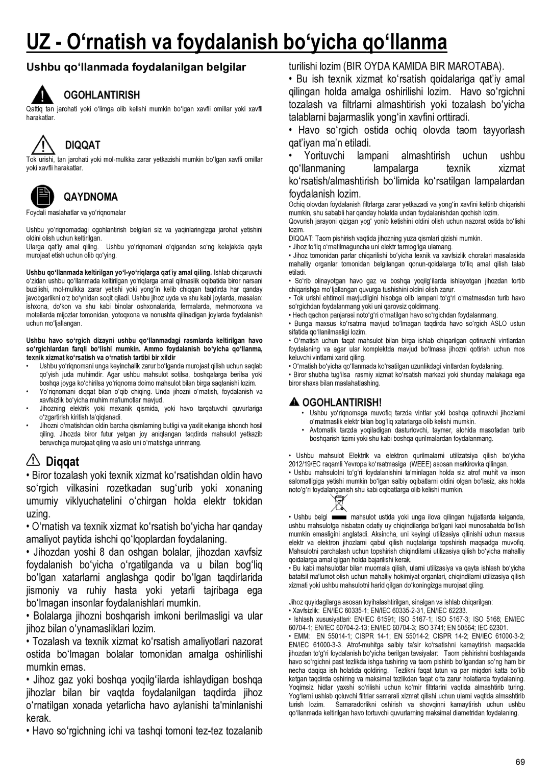 Samsung NK24M1030IS/UR manual UZ O‘rnatish va foydalanish bo‘yicha qo‘llanma, Diqqat, Ogohlantirish, Qaydnoma 