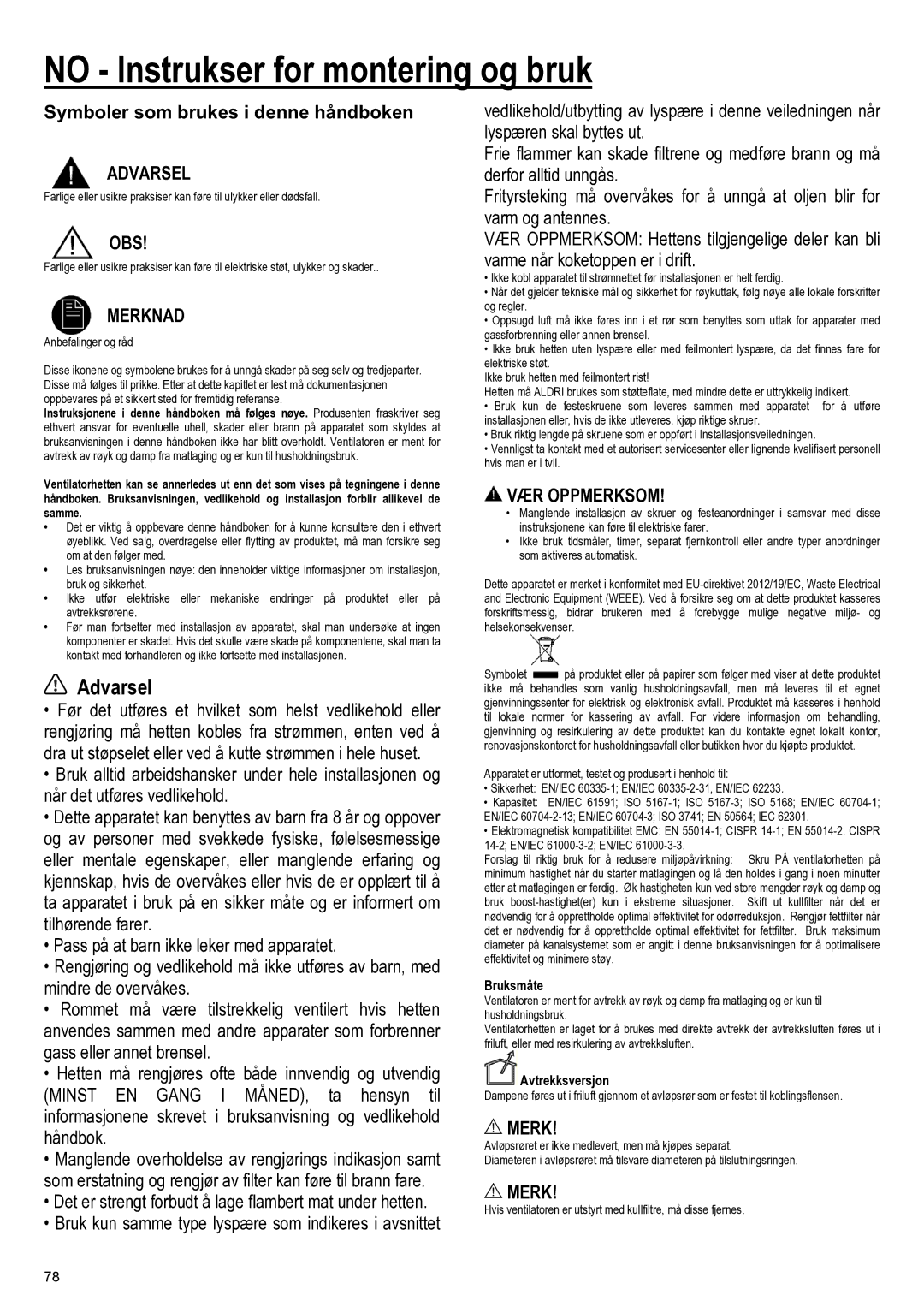 Samsung NK24M1030IS/UR manual No Instrukser for montering og bruk, Obs, Merknad, VÆR Oppmerksom 