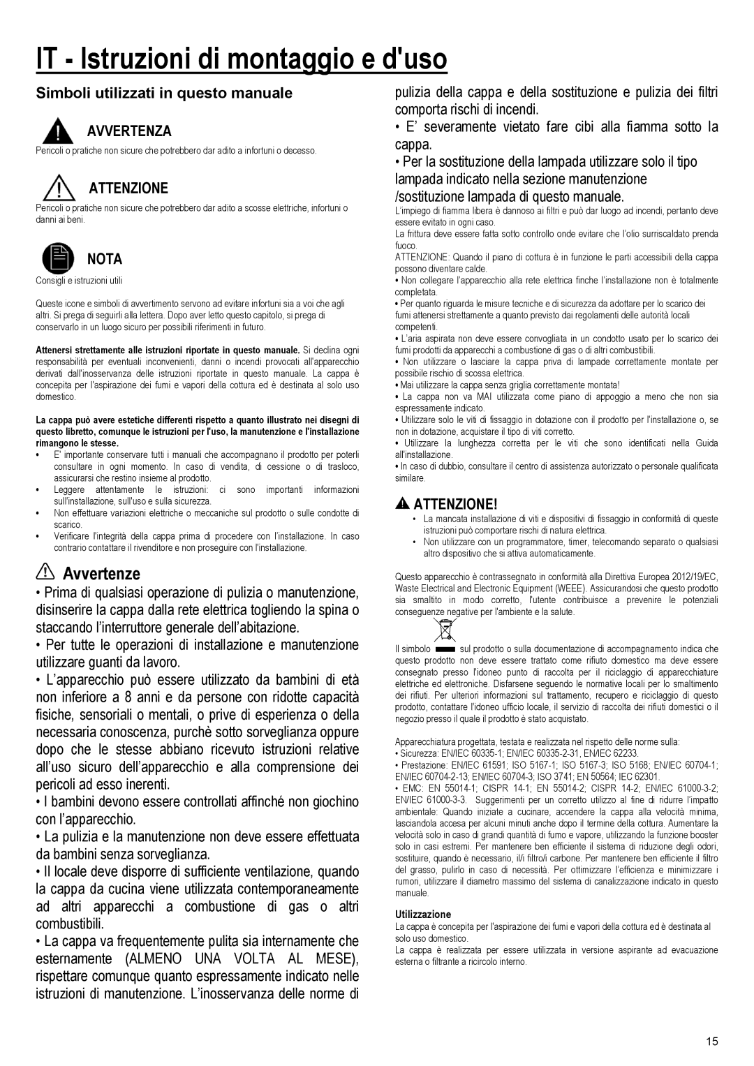 Samsung NK36M7070VB/EF, NK24M7070VS/UR manual IT Istruzioni di montaggio e duso, Avvertenze, Avvertenza, Attenzione, Nota 