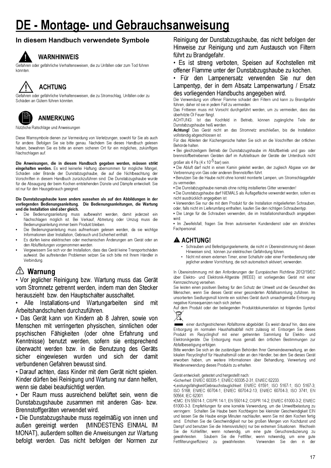 Samsung NK36M7070VB/UR, NK24M7070VS/UR manual DE Montage- und Gebrauchsanweisung, Warnung, Warnhinweis, Achtung, Anmerkung 