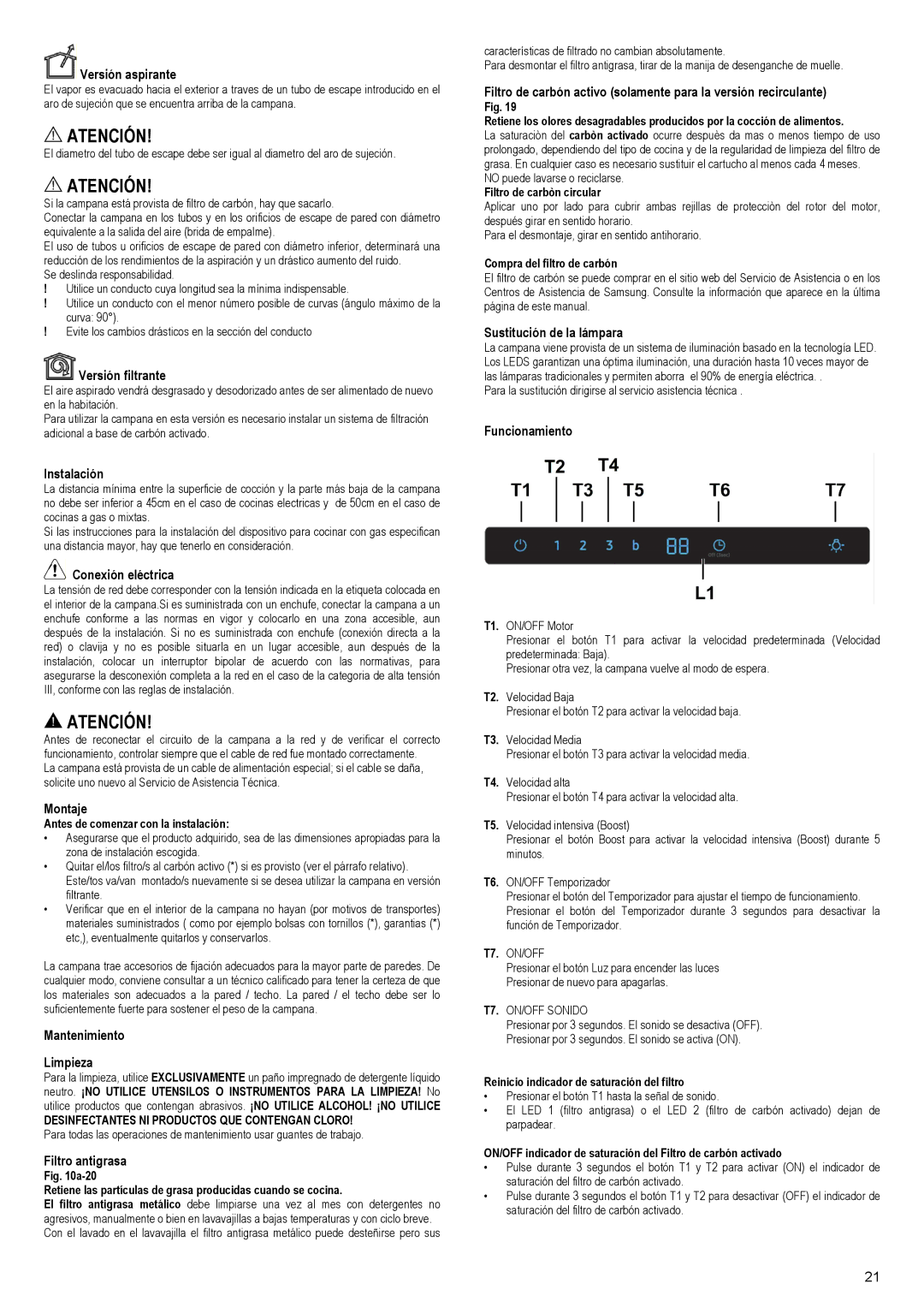 Samsung NK36M7070VB/EF Versión aspirante, Versión filtrante, Instalación, Conexión eléctrica, Montaje, Filtro antigrasa 