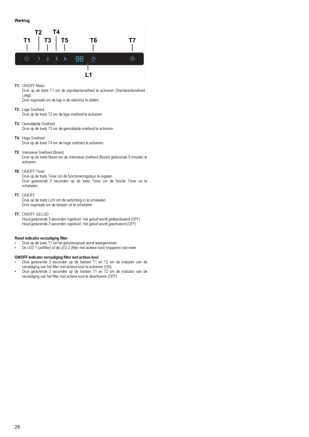 Samsung NK36M7070VS/UR, NK24M7070VS/UR, NK24M7070VB/UR manual Werking, T7. ON/OFF Geluid, Reset indicator verzadiging filter 