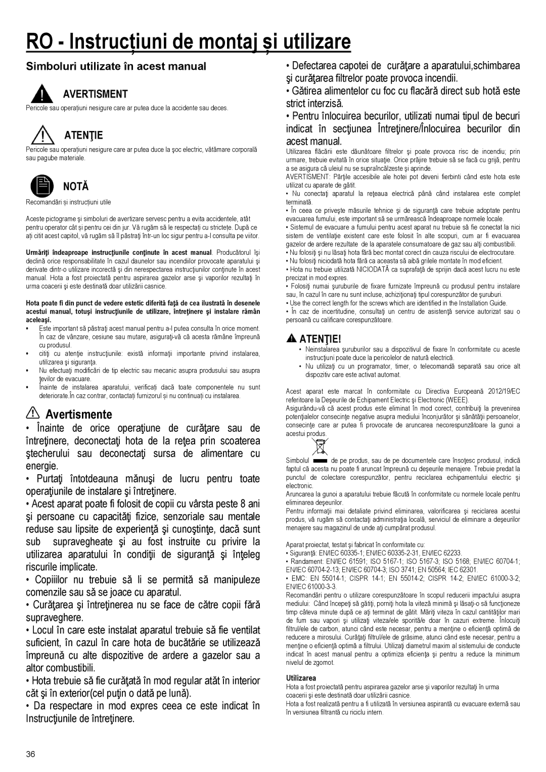 Samsung NK24M7070VS/UR, NK24M7070VB/UR, NK36M7070VS/EF RO Instrucțiuni de montaj și utilizare, Avertismente, Atenţie, Notă 