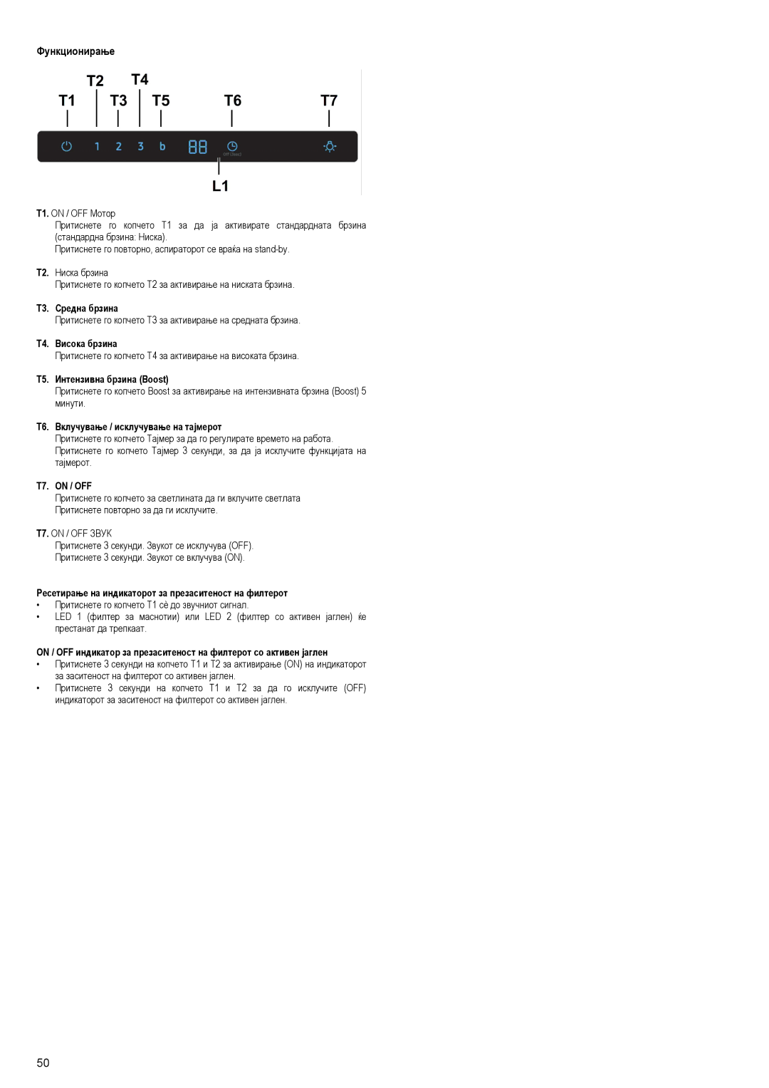 Samsung NK36M7070VS/EF, NK24M7070VS/UR manual Функционирање, Т4. Висока брзина, T5. Интензивна брзина Boost, T7. on / OFF 