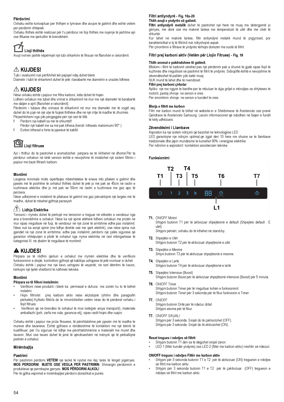 Samsung NK24M7070VS/UR manual Përdorimi, Lloji thithës, Lloji filtrues, Montimi, Lidhja Elektrike, Mirëmbajtja Pastrimi 