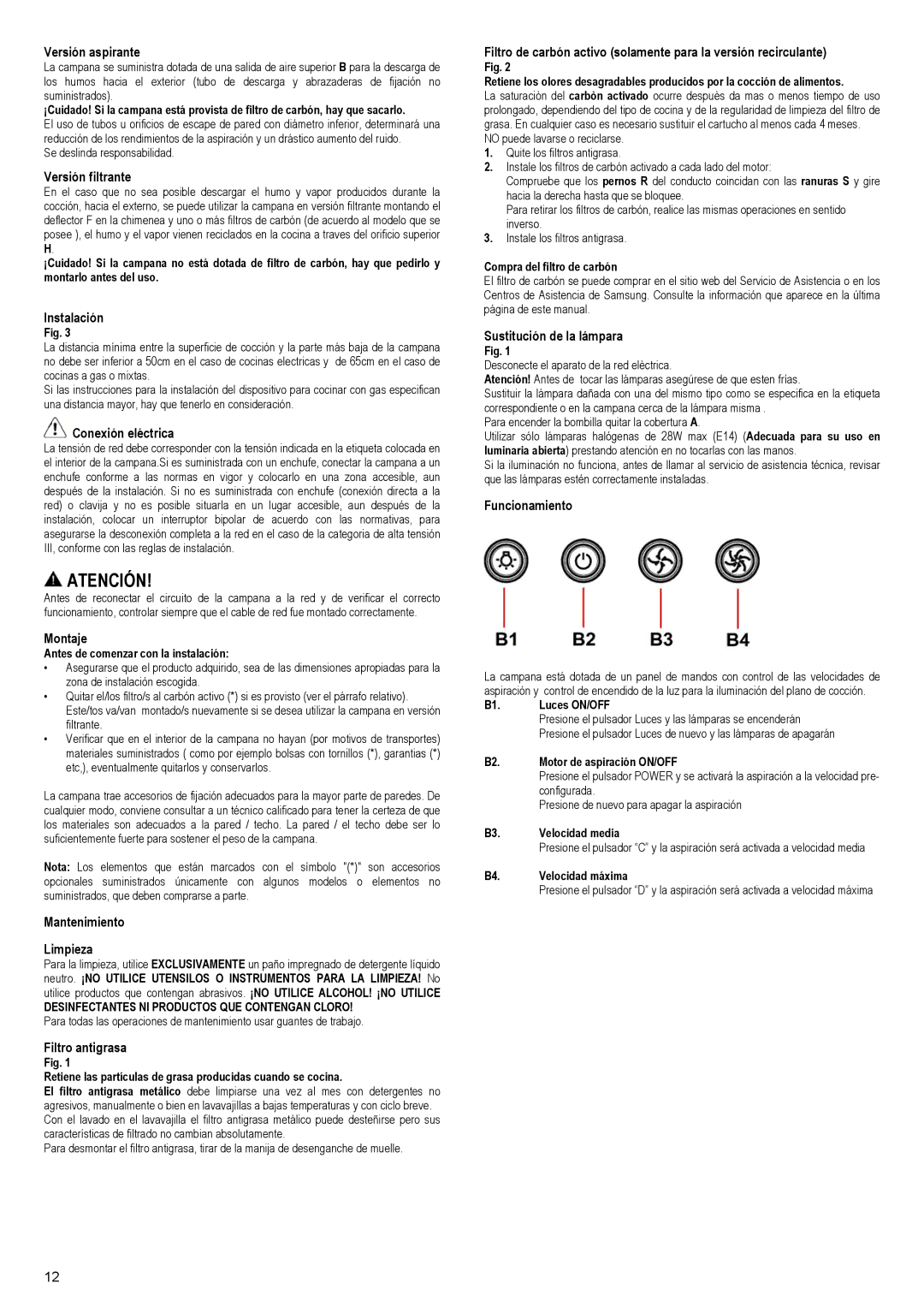 Samsung NK36M3050PS/EF Versión aspirante, Versión filtrante, Instalación, Conexión eléctrica, Montaje, Filtro antigrasa 