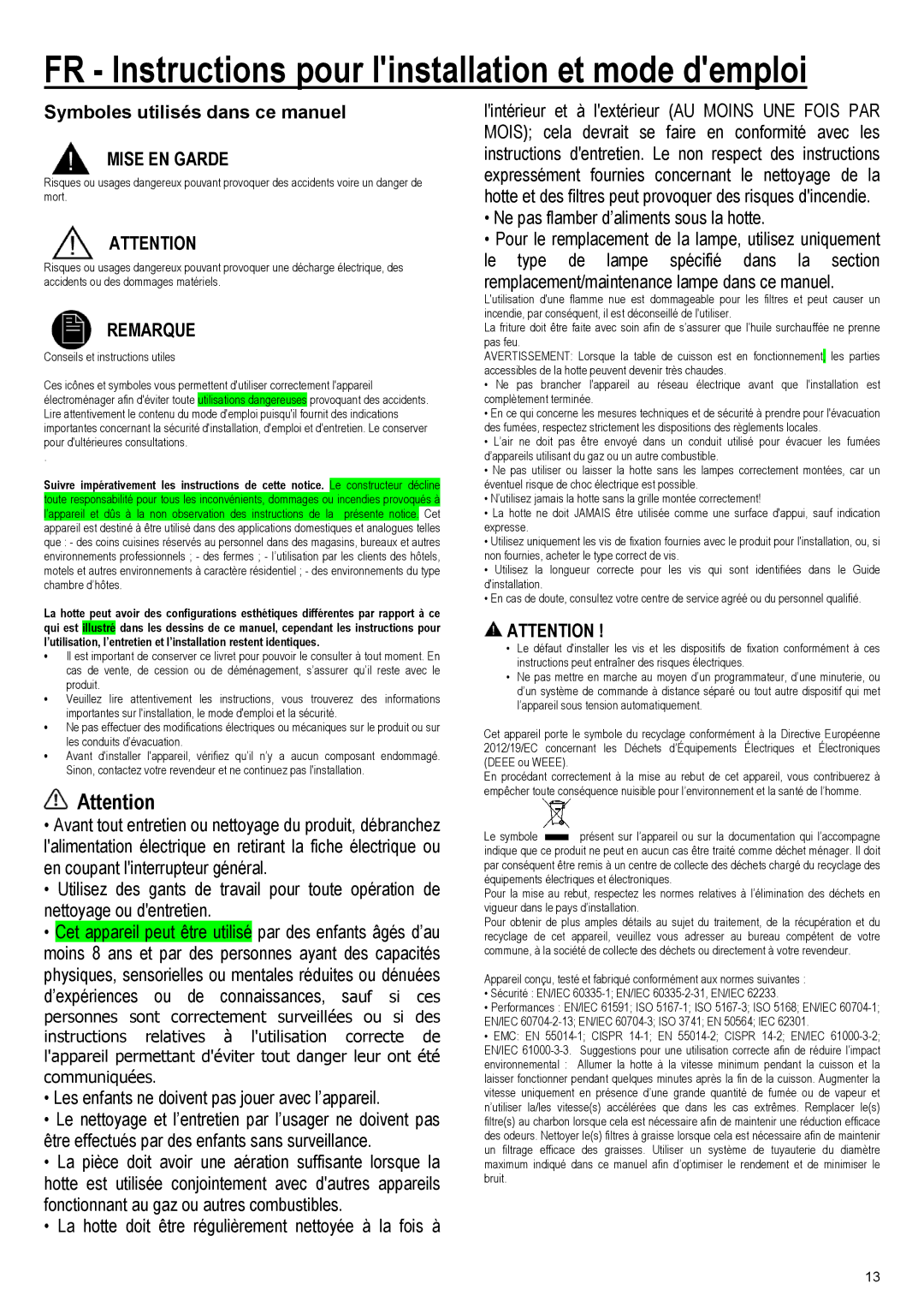 Samsung NK24M3050PS/EF, NK36M3050PS/EF manual FR Instructions pour linstallation et mode demploi, Mise EN Garde, Remarque 