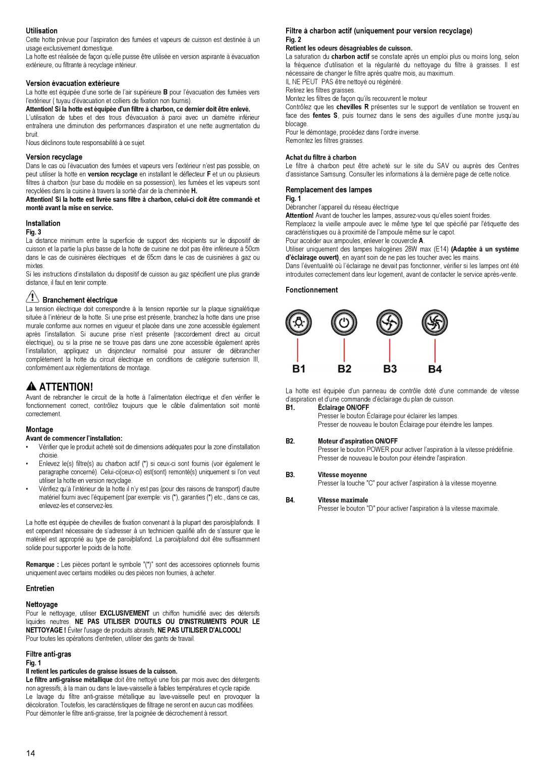 Samsung NK36M3050PS/UR Utilisation, Version évacuation extérieure, Version recyclage, Installation, Branchement électrique 