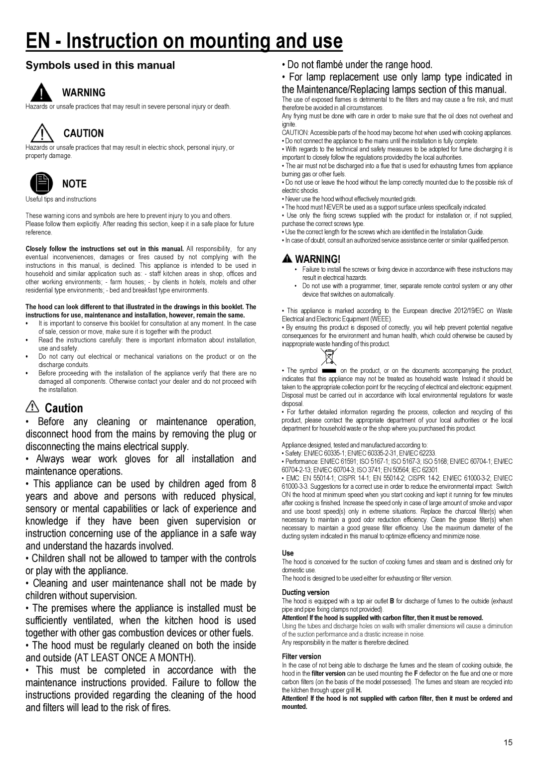 Samsung NK24M3050PS/UR, NK36M3050PS/EF manual EN Instruction on mounting and use, Use, Ducting version, Filter version 