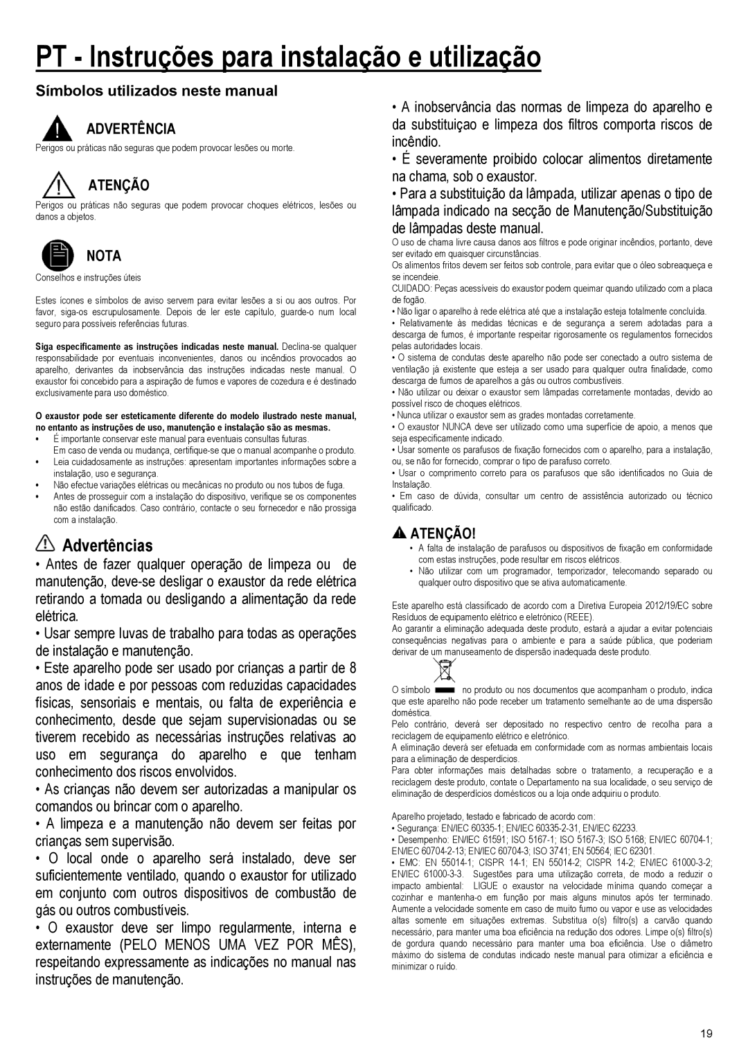 Samsung NK24M3050PS/UR, NK36M3050PS/EF, NK24M3050PS/EF PT Instruções para instalação e utilização, Advertências, Atenção 