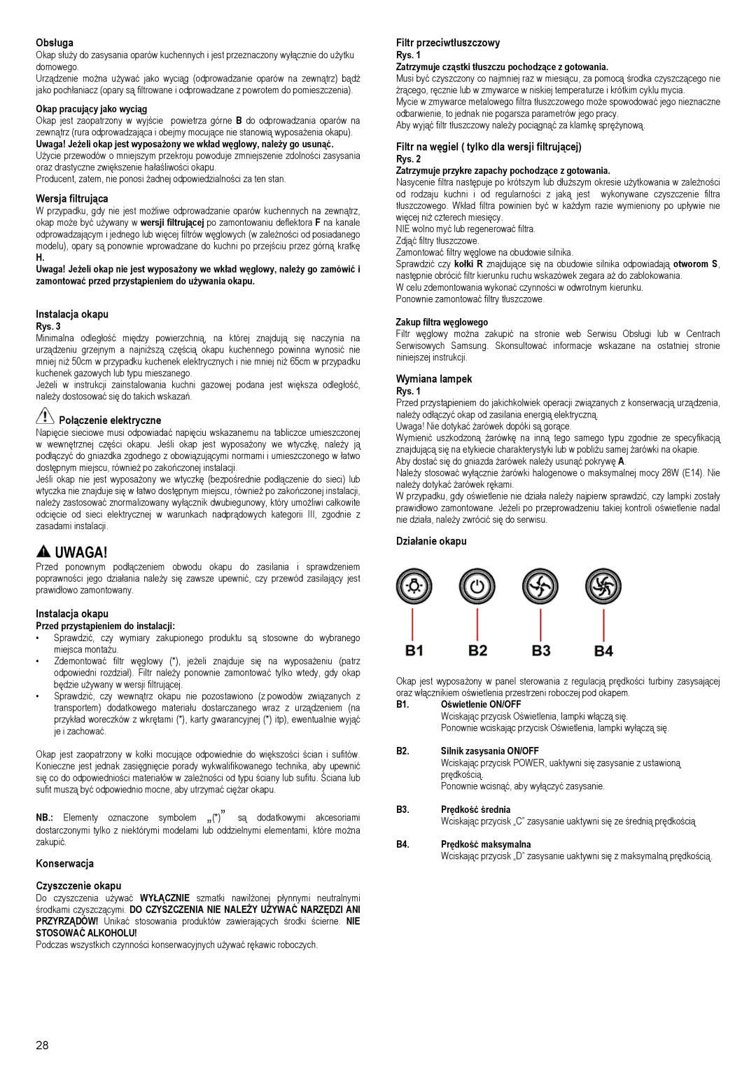 Samsung NK36M3050PS/EF Obsługa, Wersja filtrująca, Instalacja okapu, Połączenie elektryczne, Konserwacja Czyszczenie okapu 