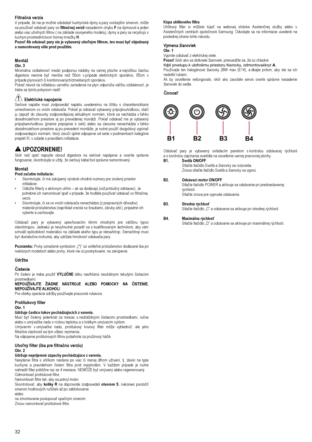 Samsung NK36M3050PS/EF manual Filtračná verzia, Montáž, Elektrické napojenie, Údržba Čistenie, Protitukový filter, Činnosť 