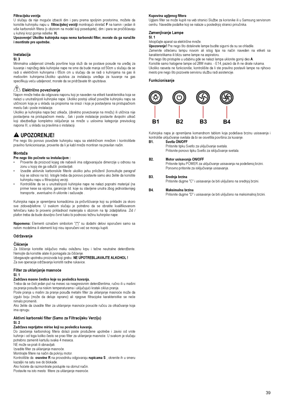 Samsung NK24M3050PS/UR Instalacija, Električno povezivanje, Montaža, Održavanje Čišćenje, Filter za uklanjanje masnoće 