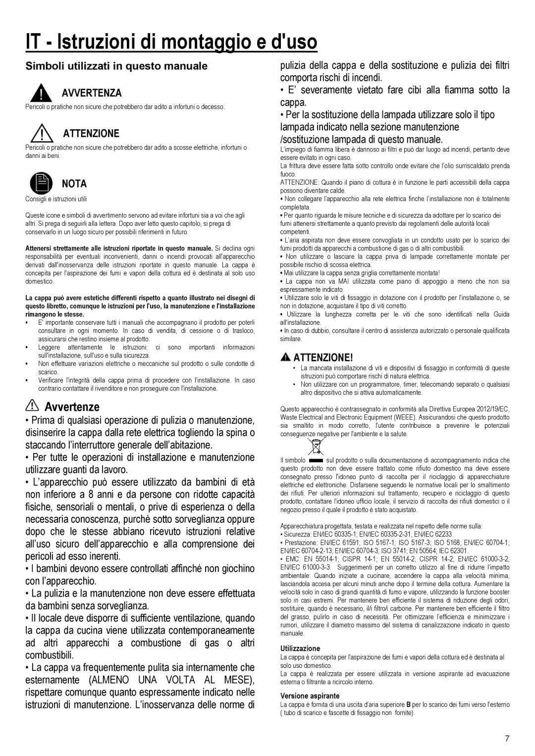 Samsung NK24M3050PS/UR, NK36M3050PS/EF manual IT Istruzioni di montaggio e duso, Avvertenze, Avvertenza, Attenzione, Nota 