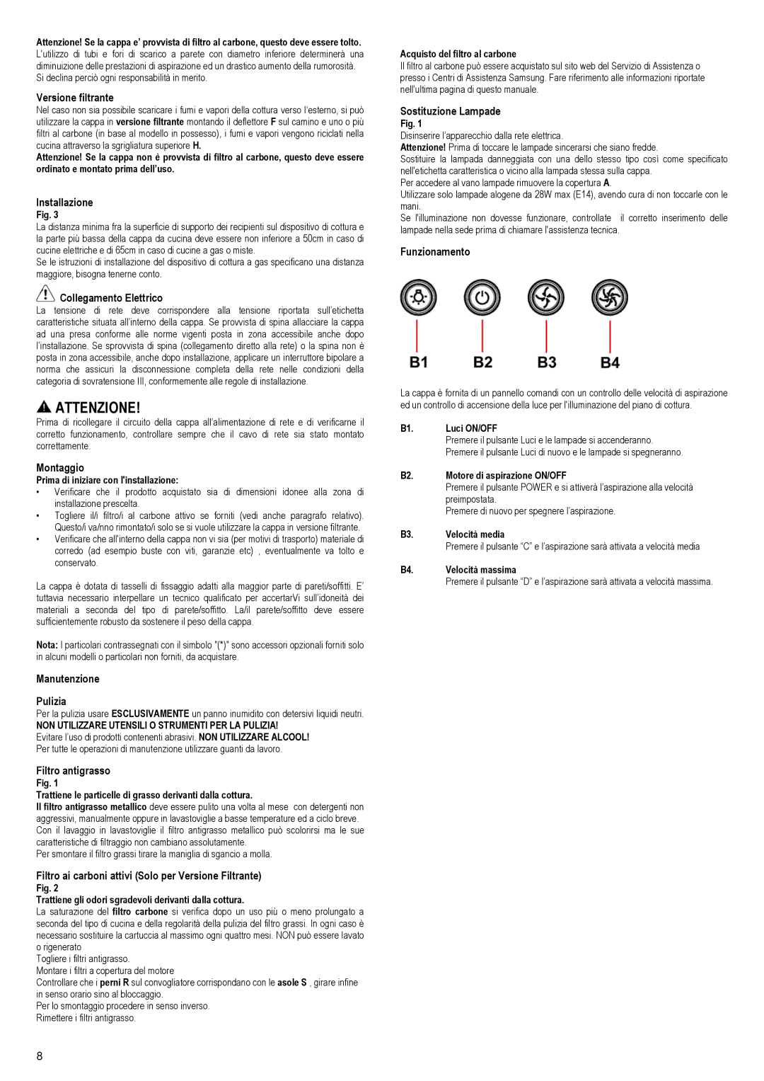 Samsung NK36M3050PS/EF manual Versione filtrante, Installazione, Collegamento Elettrico, Montaggio, Manutenzione Pulizia 