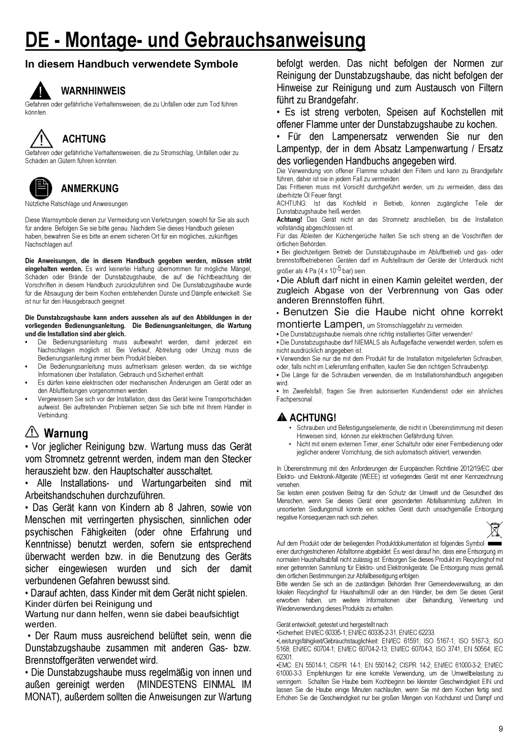 Samsung NK24M3050PS/EF, NK36M3050PS/EF manual DE Montage- und Gebrauchsanweisung, Warnung, Warnhinweis, Achtung, Anmerkung 