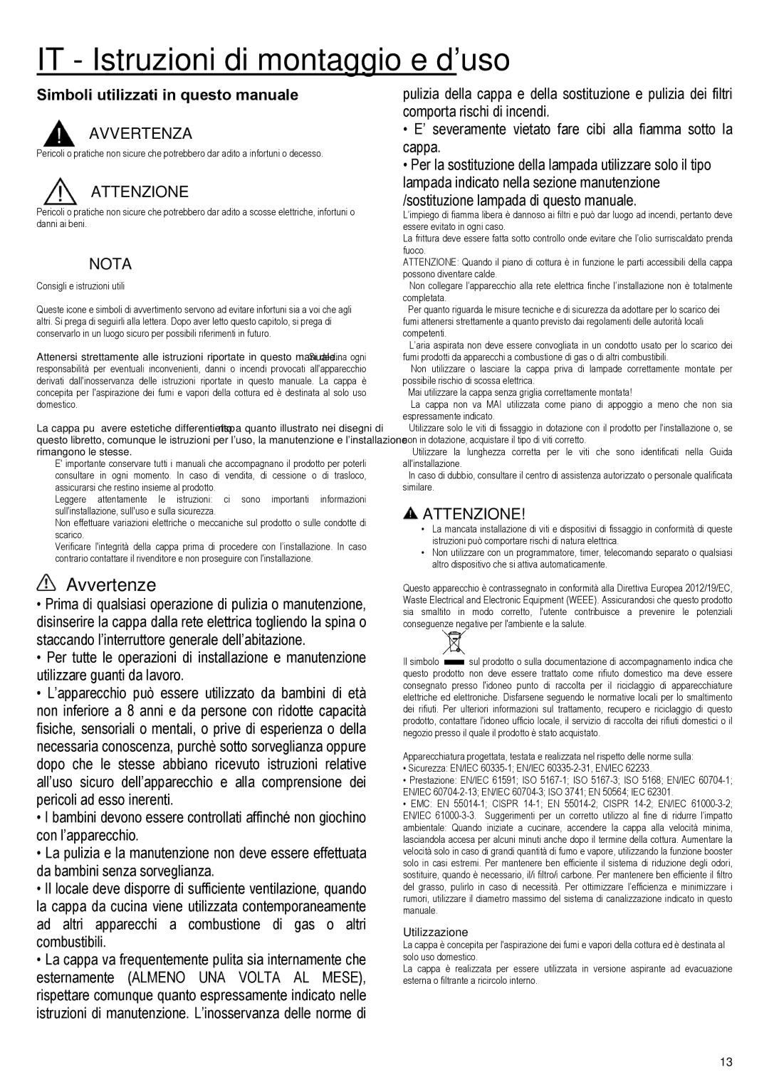 Samsung NK36M5070FS/UR, NK36M5070CS/EF manual IT Istruzioni di montaggio e duso, Avvertenze, Avvertenza, Attenzione, Nota 