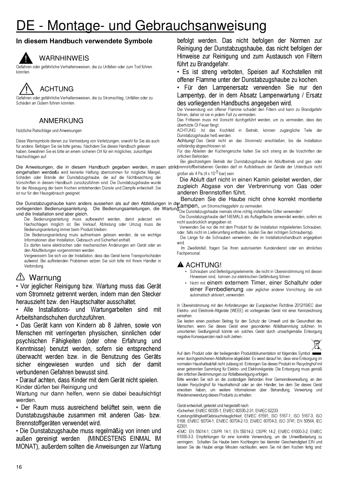 Samsung NK36M5070FS/EF, NK36M5070CS/EF manual DE Montage- und Gebrauchsanweisung, Warnung, Warnhinweis, Achtung, Anmerkung 