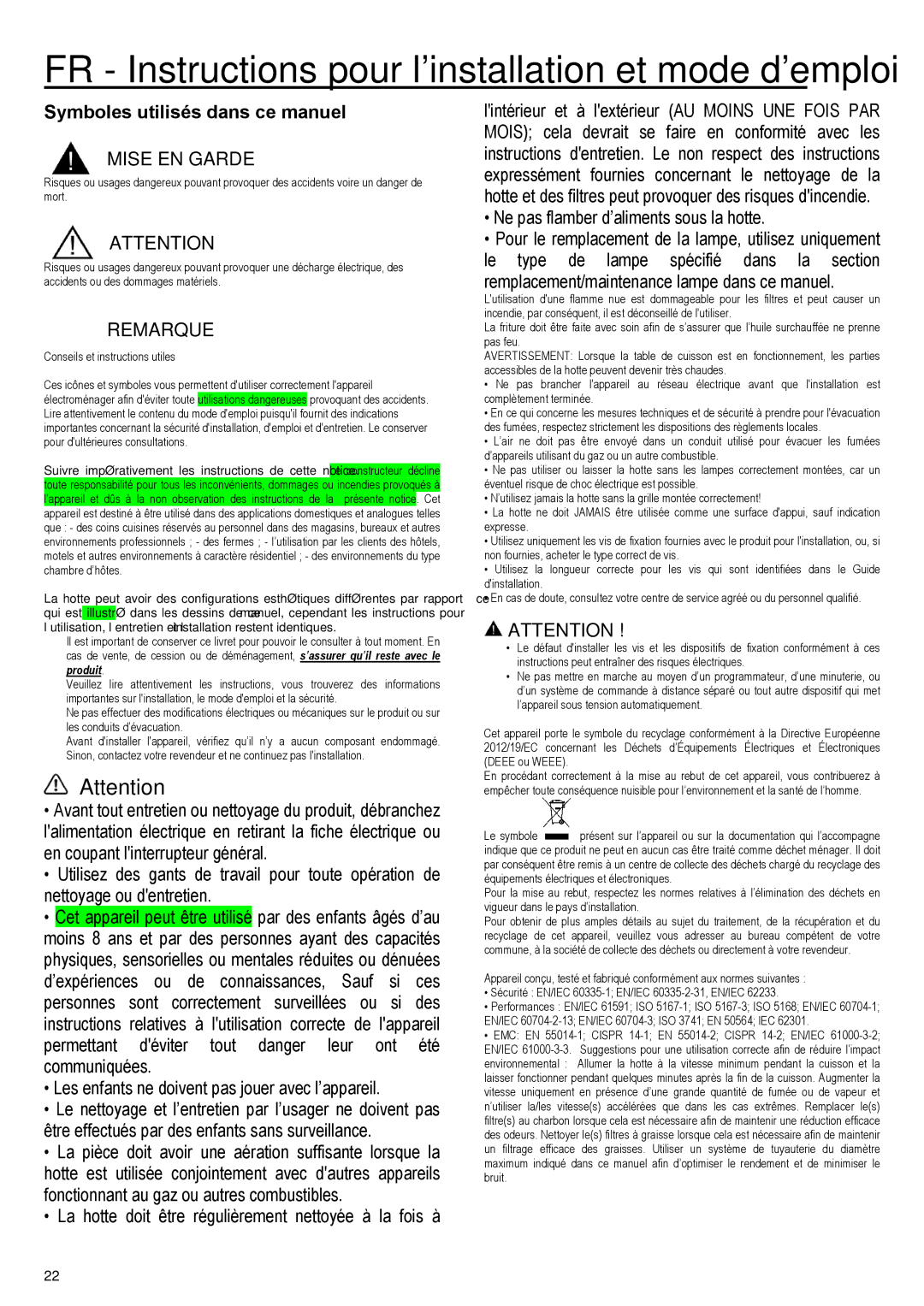 Samsung NK36M5070CS/UR, NK36M5070CS/EF manual FR Instructions pour linstallation et mode demploi, Mise EN Garde, Remarque 