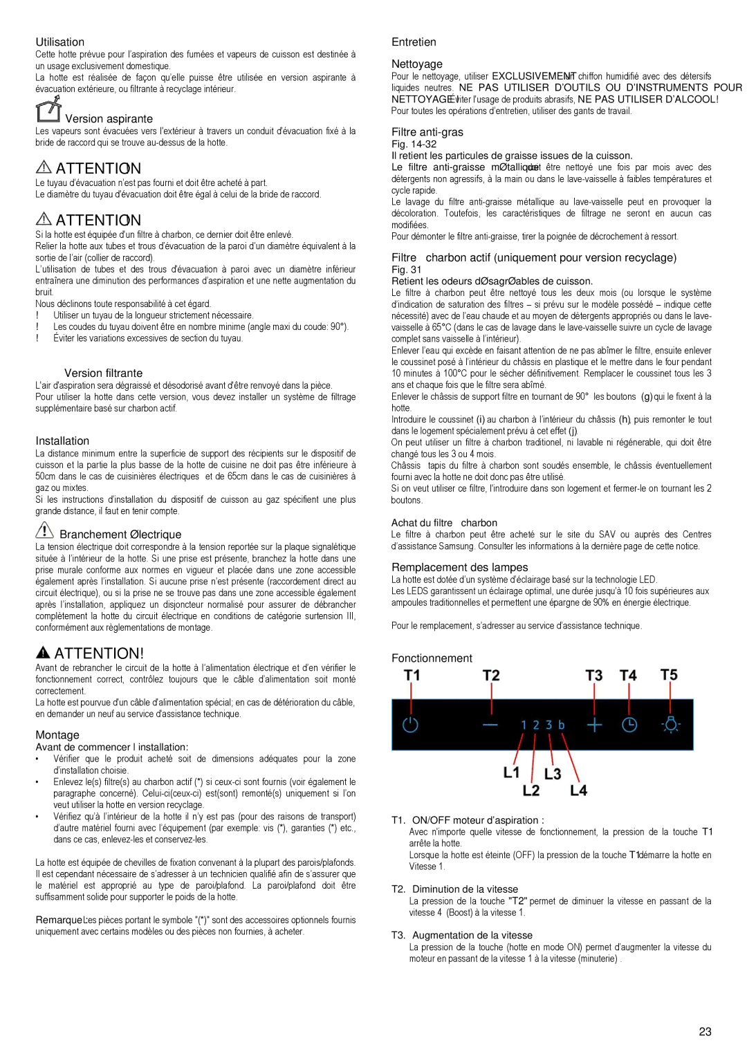 Samsung NK36M5070FS/UR manual Utilisation, Version aspirante, Version filtrante, Installation, Branchement électrique 